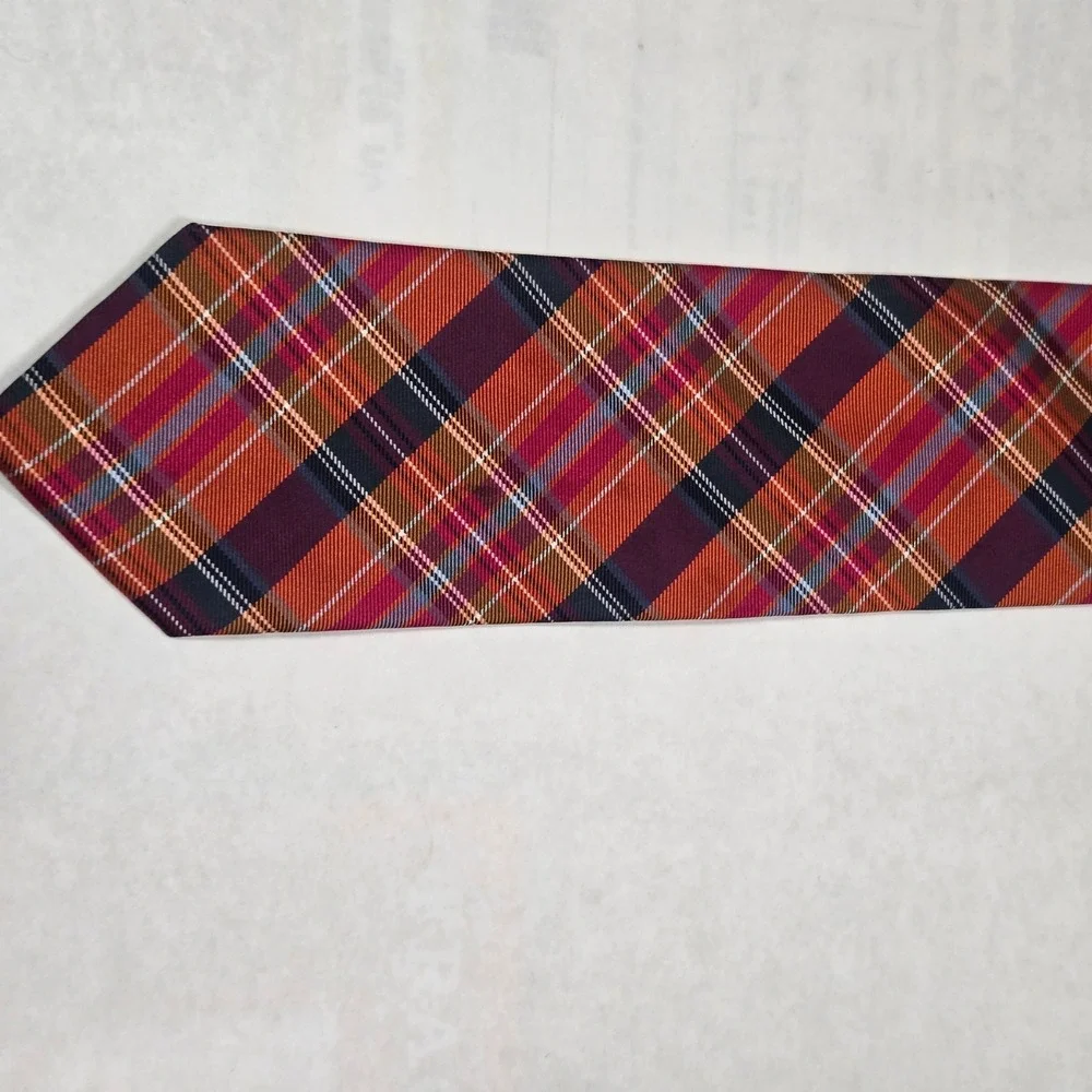 Brooks Brothers 346 Mens Silk Plaid Tie Orange Burgundy Navy‎ Blue Made in USA